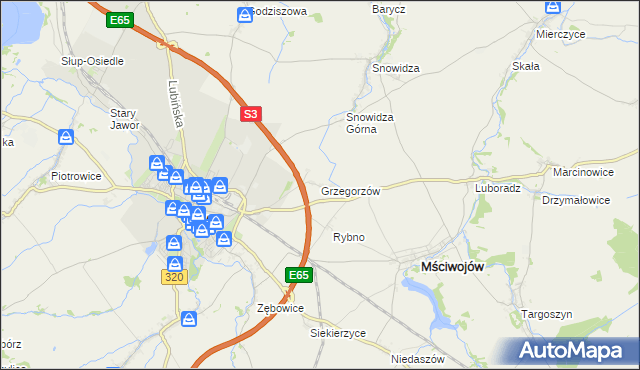 mapa Grzegorzów gmina Mściwojów, Grzegorzów gmina Mściwojów na mapie Targeo