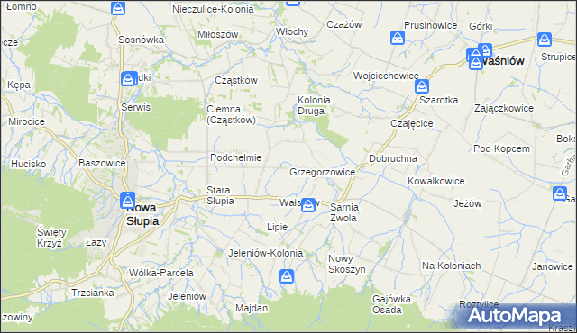 mapa Grzegorzowice gmina Waśniów, Grzegorzowice gmina Waśniów na mapie Targeo