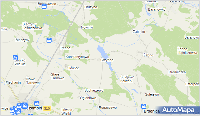 mapa Grzybno gmina Brodnica, Grzybno gmina Brodnica na mapie Targeo