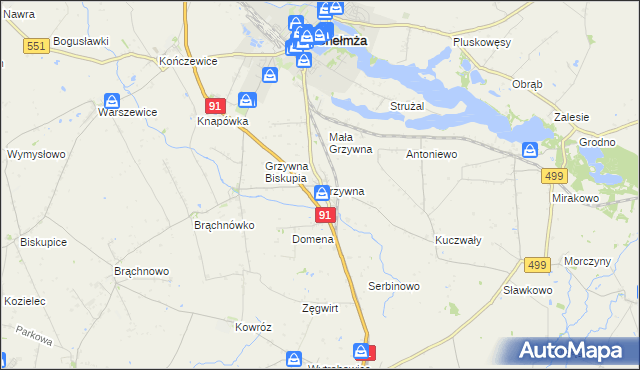 mapa Grzywna gmina Chełmża, Grzywna gmina Chełmża na mapie Targeo