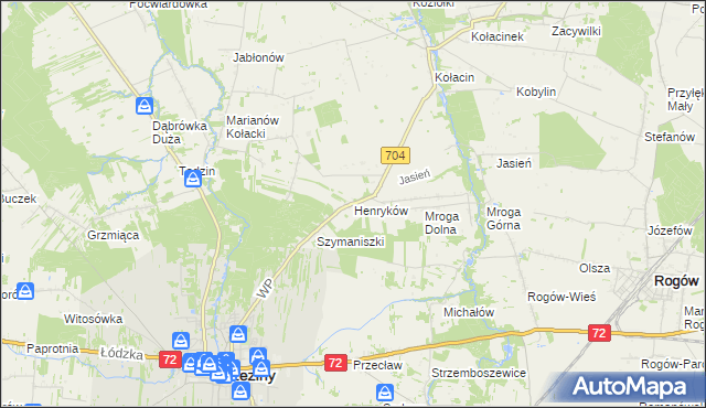 mapa Henryków gmina Brzeziny, Henryków gmina Brzeziny na mapie Targeo