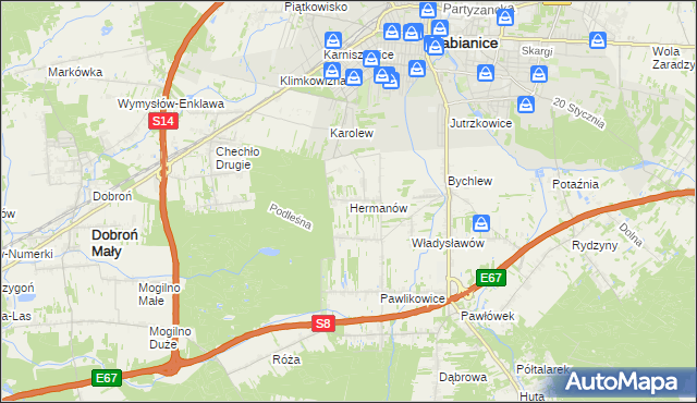 mapa Hermanów gmina Pabianice, Hermanów gmina Pabianice na mapie Targeo