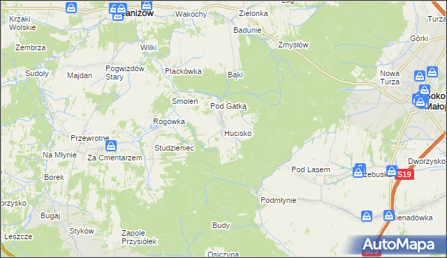 mapa Hucisko gmina Głogów Małopolski, Hucisko gmina Głogów Małopolski na mapie Targeo