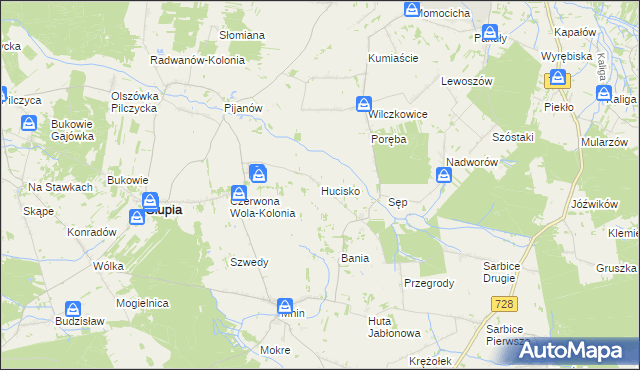 mapa Hucisko gmina Słupia Konecka, Hucisko gmina Słupia Konecka na mapie Targeo