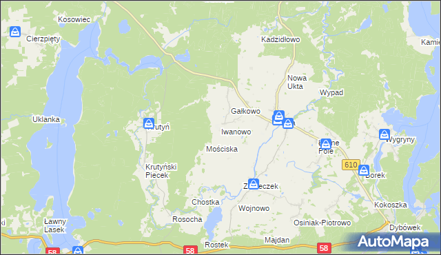 mapa Iwanowo gmina Ruciane-Nida, Iwanowo gmina Ruciane-Nida na mapie Targeo