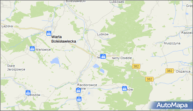 mapa Iwiny gmina Warta Bolesławiecka, Iwiny gmina Warta Bolesławiecka na mapie Targeo