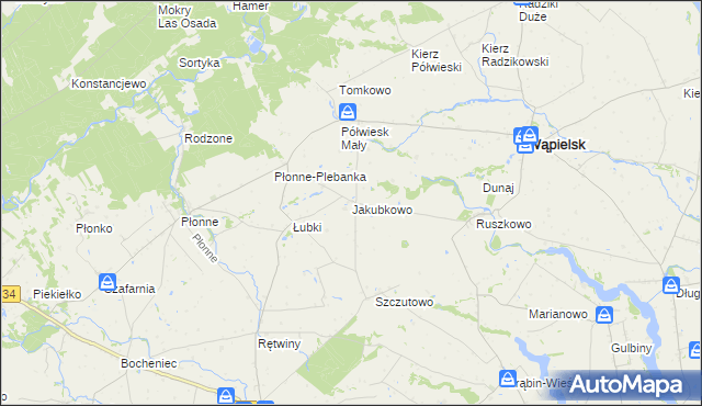 mapa Jakubkowo gmina Radomin, Jakubkowo gmina Radomin na mapie Targeo