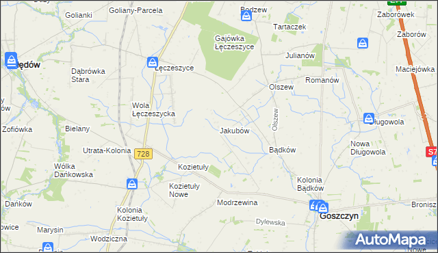 mapa Jakubów gmina Goszczyn, Jakubów gmina Goszczyn na mapie Targeo