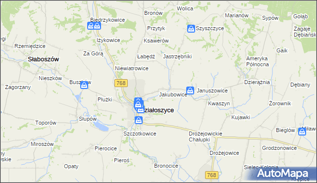 mapa Jakubowice gmina Działoszyce, Jakubowice gmina Działoszyce na mapie Targeo