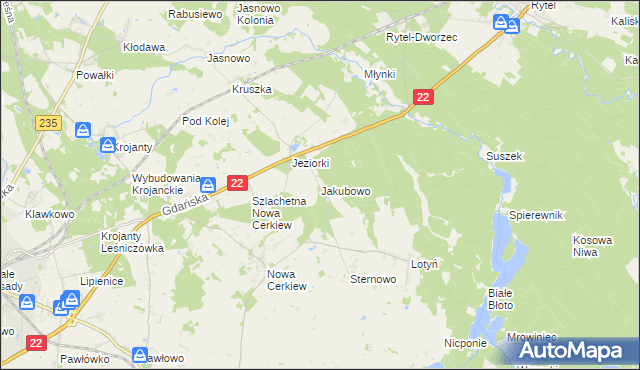 mapa Jakubowo gmina Chojnice, Jakubowo gmina Chojnice na mapie Targeo