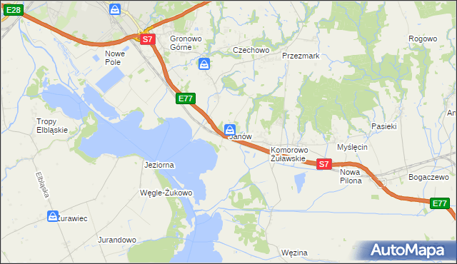 mapa Janów gmina Elbląg, Janów gmina Elbląg na mapie Targeo