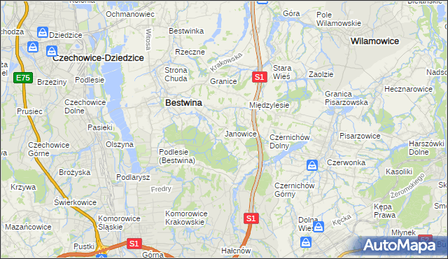 mapa Janowice gmina Bestwina, Janowice gmina Bestwina na mapie Targeo