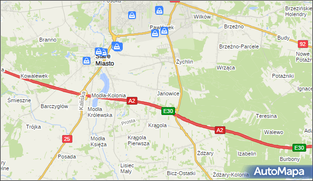 mapa Janowice gmina Stare Miasto, Janowice gmina Stare Miasto na mapie Targeo