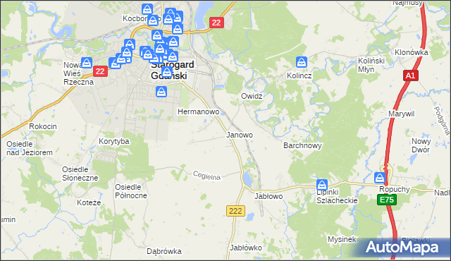 mapa Janowo gmina Starogard Gdański, Janowo gmina Starogard Gdański na mapie Targeo