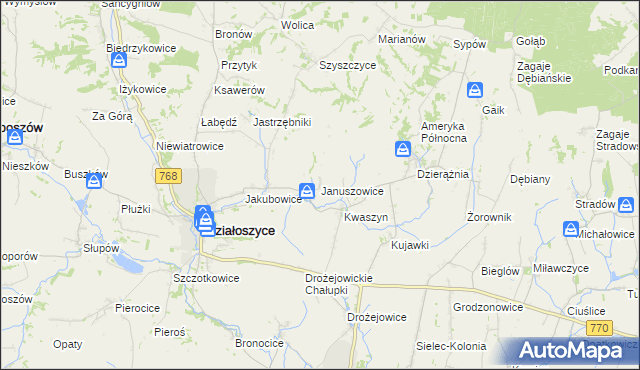 mapa Januszowice gmina Działoszyce, Januszowice gmina Działoszyce na mapie Targeo