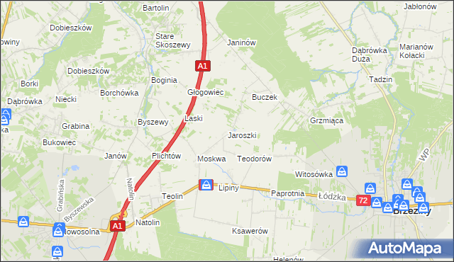 mapa Jaroszki gmina Brzeziny, Jaroszki gmina Brzeziny na mapie Targeo