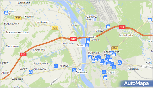 mapa Jaroszyn gmina Puławy, Jaroszyn gmina Puławy na mapie Targeo