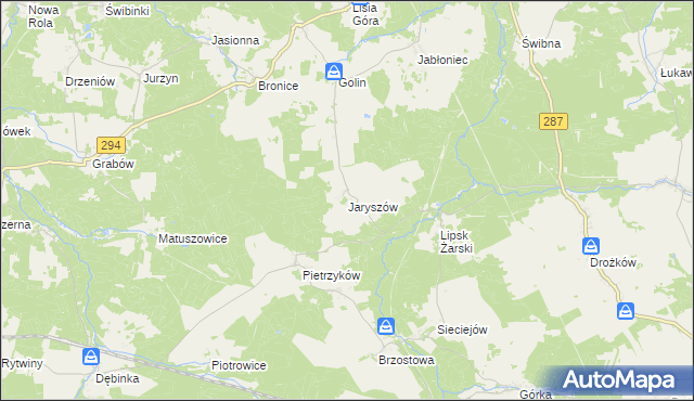 mapa Jaryszów gmina Jasień, Jaryszów gmina Jasień na mapie Targeo