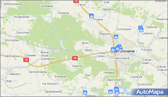 mapa Jasień gmina Chmielnik, Jasień gmina Chmielnik na mapie Targeo