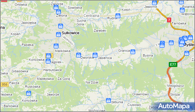 mapa Jasienica gmina Myślenice, Jasienica gmina Myślenice na mapie Targeo