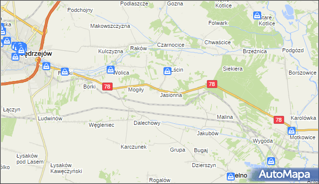 mapa Jasionna gmina Jędrzejów, Jasionna gmina Jędrzejów na mapie Targeo