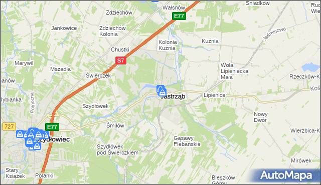 mapa Jastrząb powiat szydłowiecki, Jastrząb powiat szydłowiecki na mapie Targeo