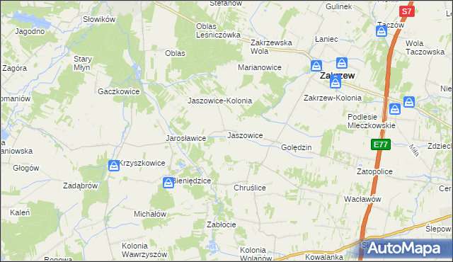 mapa Jaszowice gmina Zakrzew, Jaszowice gmina Zakrzew na mapie Targeo