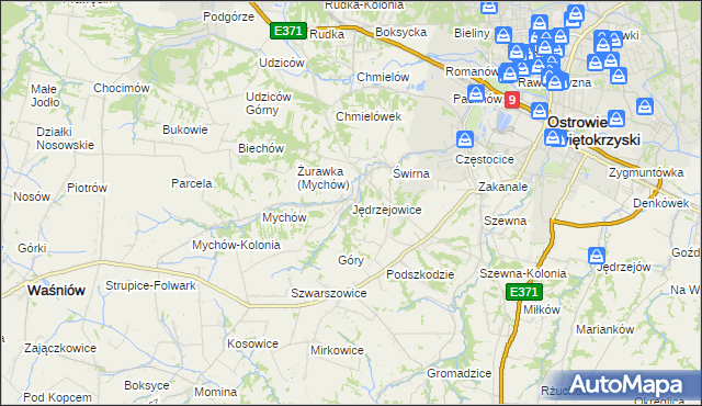 mapa Jędrzejowice gmina Bodzechów, Jędrzejowice gmina Bodzechów na mapie Targeo