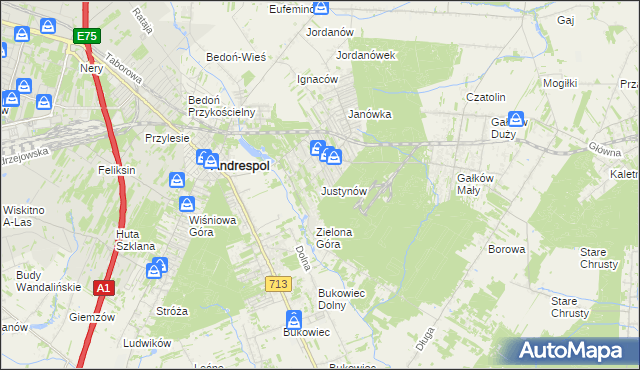 mapa Justynów gmina Andrespol, Justynów gmina Andrespol na mapie Targeo