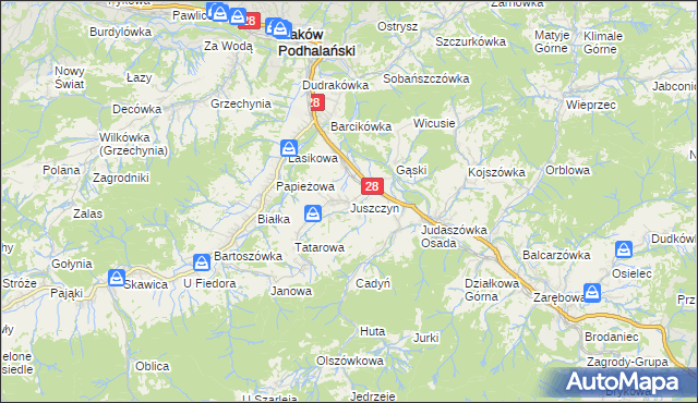 mapa Juszczyn gmina Maków Podhalański, Juszczyn gmina Maków Podhalański na mapie Targeo