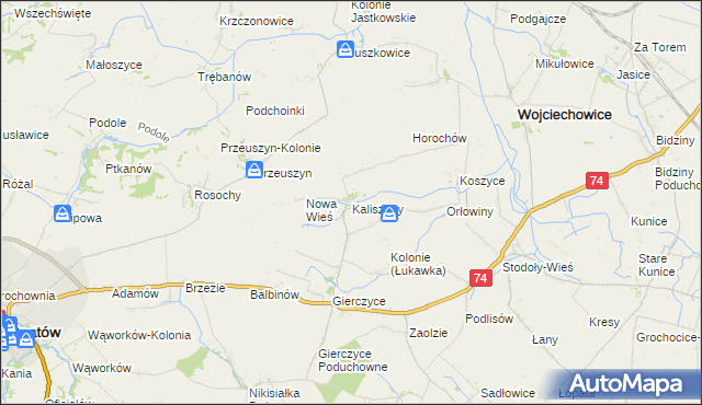 mapa Kaliszany gmina Wojciechowice, Kaliszany gmina Wojciechowice na mapie Targeo