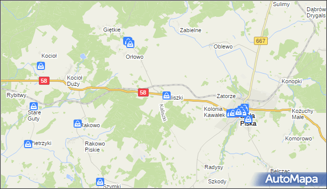 mapa Kaliszki gmina Biała Piska, Kaliszki gmina Biała Piska na mapie Targeo