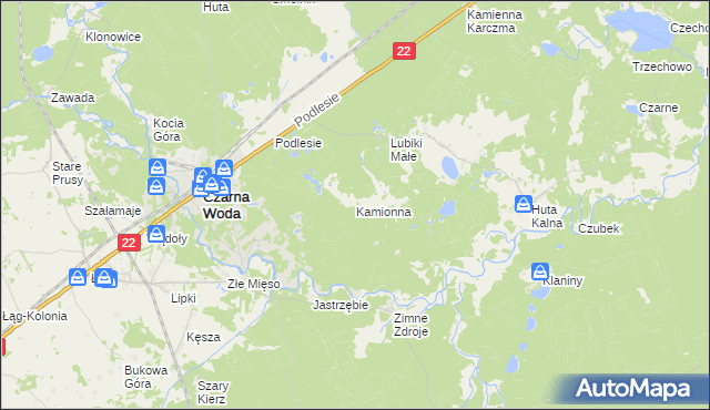 mapa Kamionna gmina Czarna Woda, Kamionna gmina Czarna Woda na mapie Targeo