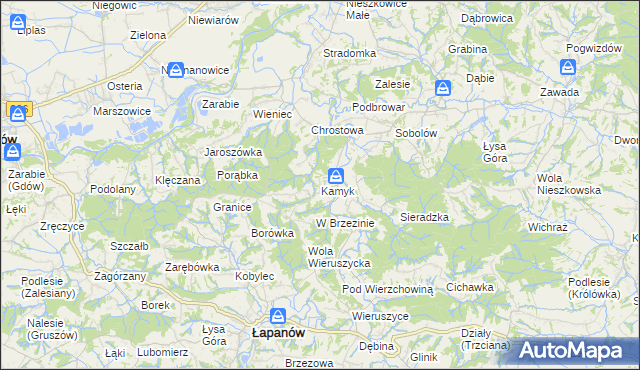 mapa Kamyk gmina Łapanów, Kamyk gmina Łapanów na mapie Targeo