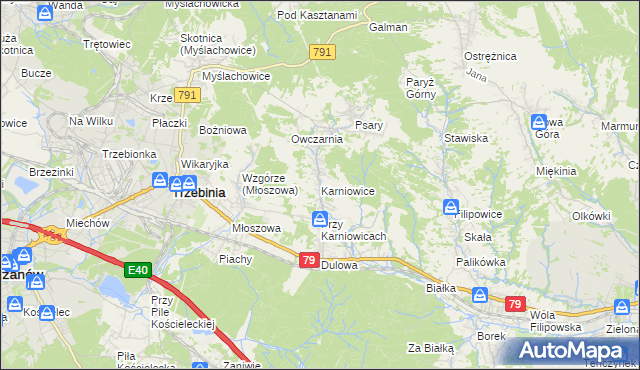 mapa Karniowice gmina Trzebinia, Karniowice gmina Trzebinia na mapie Targeo