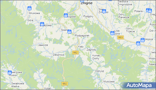 mapa Kąty gmina Nowy Żmigród, Kąty gmina Nowy Żmigród na mapie Targeo