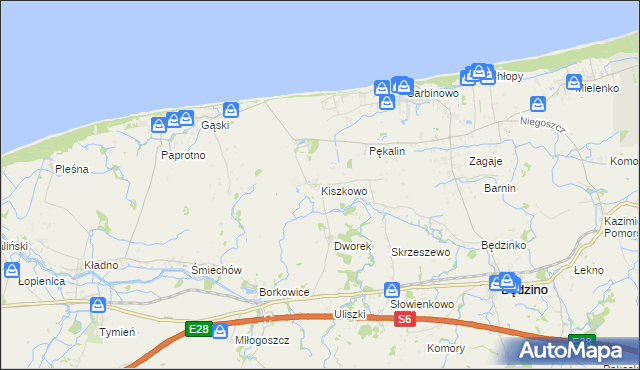 mapa Kiszkowo gmina Będzino, Kiszkowo gmina Będzino na mapie Targeo