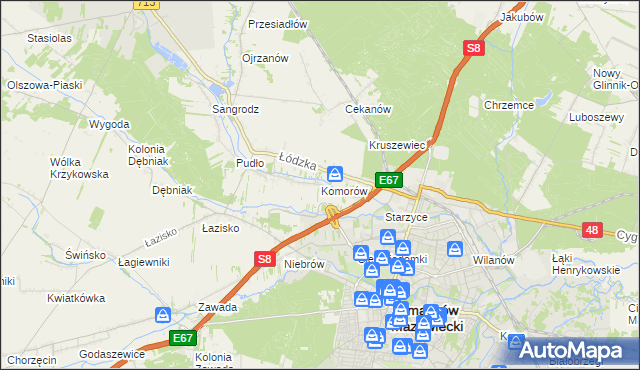 mapa Komorów gmina Tomaszów Mazowiecki, Komorów gmina Tomaszów Mazowiecki na mapie Targeo