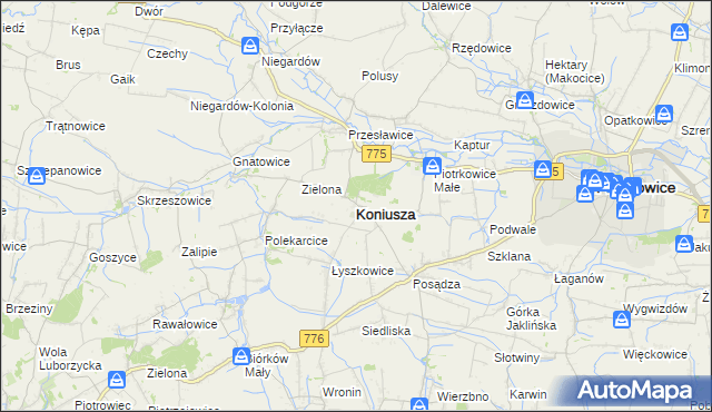 mapa Koniusza powiat proszowicki, Koniusza powiat proszowicki na mapie Targeo
