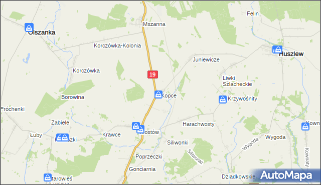 mapa Kopce gmina Huszlew, Kopce gmina Huszlew na mapie Targeo