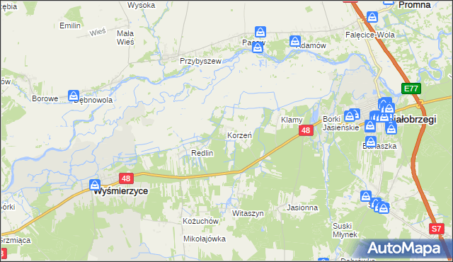 mapa Korzeń gmina Wyśmierzyce, Korzeń gmina Wyśmierzyce na mapie Targeo