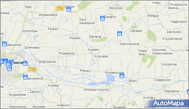 mapa Kościelec gmina Proszowice, Kościelec gmina Proszowice na mapie Targeo