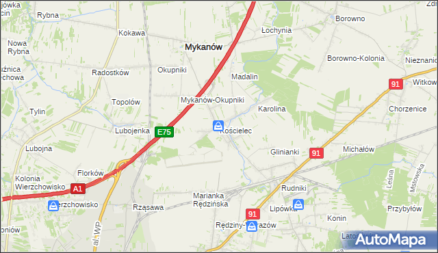 mapa Kościelec gmina Rędziny, Kościelec gmina Rędziny na mapie Targeo