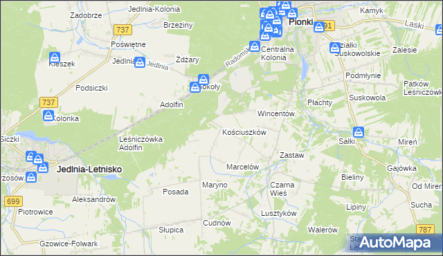 mapa Kościuszków gmina Pionki, Kościuszków gmina Pionki na mapie Targeo