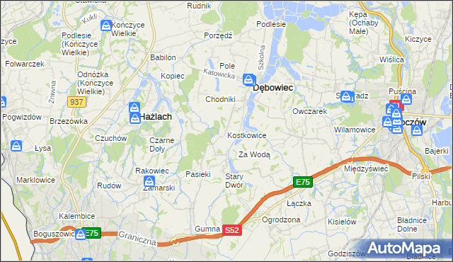 mapa Kostkowice gmina Dębowiec, Kostkowice gmina Dębowiec na mapie Targeo