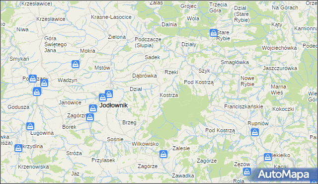 mapa Kostrza gmina Jodłownik, Kostrza gmina Jodłownik na mapie Targeo