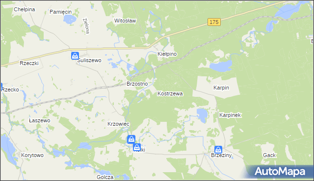 mapa Kostrzewa gmina Drawno, Kostrzewa gmina Drawno na mapie Targeo