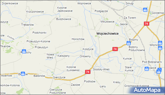 mapa Koszyce gmina Wojciechowice, Koszyce gmina Wojciechowice na mapie Targeo