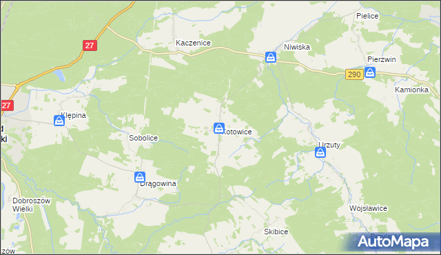 mapa Kotowice gmina Nowogród Bobrzański, Kotowice gmina Nowogród Bobrzański na mapie Targeo
