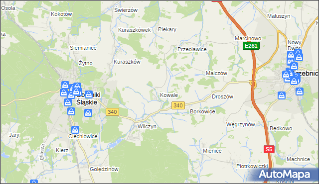 mapa Kowale gmina Oborniki Śląskie, Kowale gmina Oborniki Śląskie na mapie Targeo